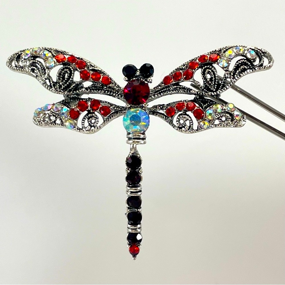 Silver Tone Red AB Rhinestone Dragon Fly Brooch Pin Articulated Tail Boho Unique
